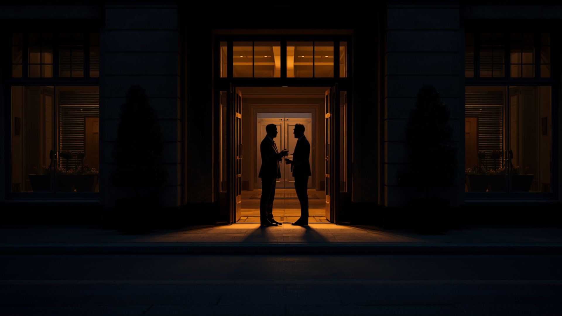Two silhouetted figures talking in a lit doorway at night.