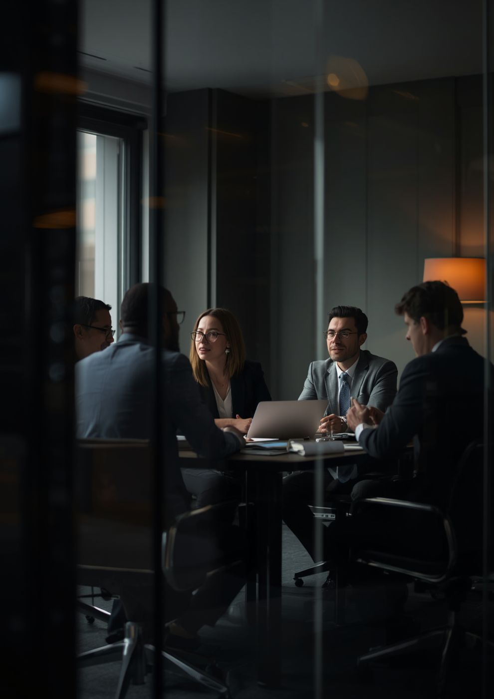 Colleagues in conversation around a table with a laptop, seen through glass.