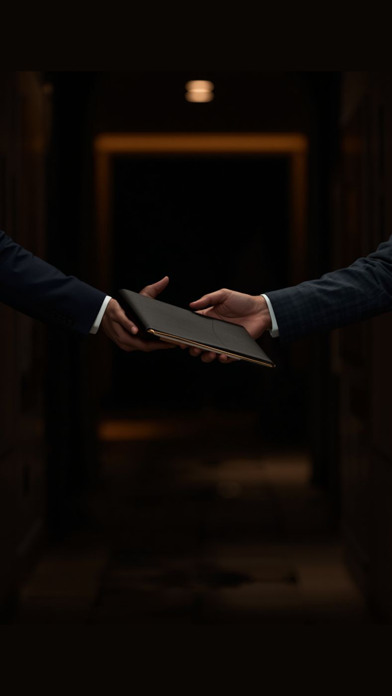 Two hands exchanging a leather folio in a dim, symmetric hallway.