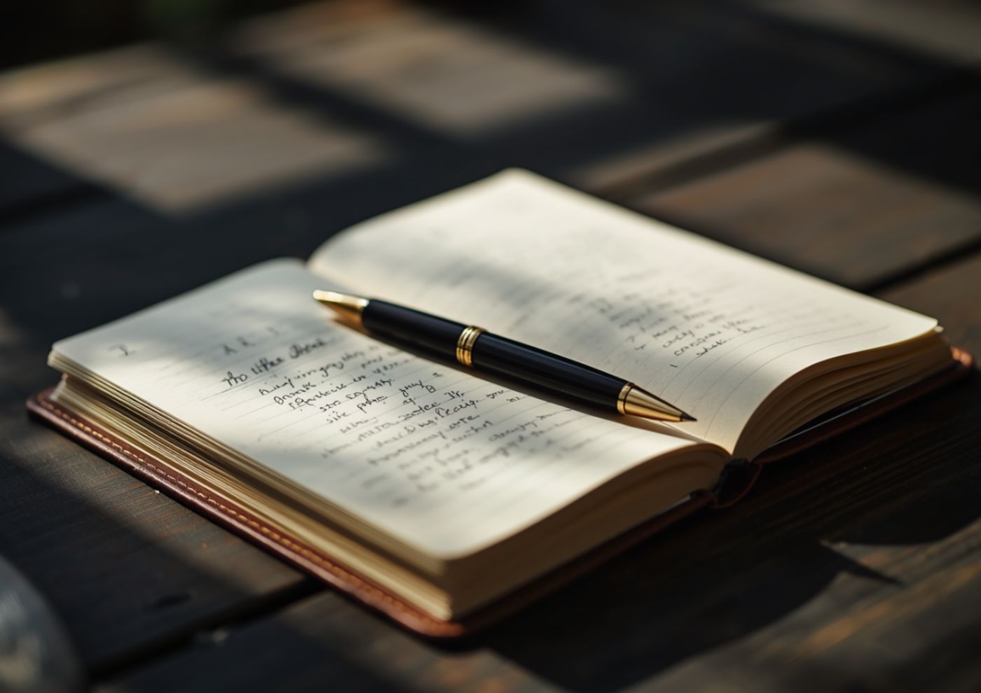 A leather-bound notebook of handwritten notes with a pen resting on the page.