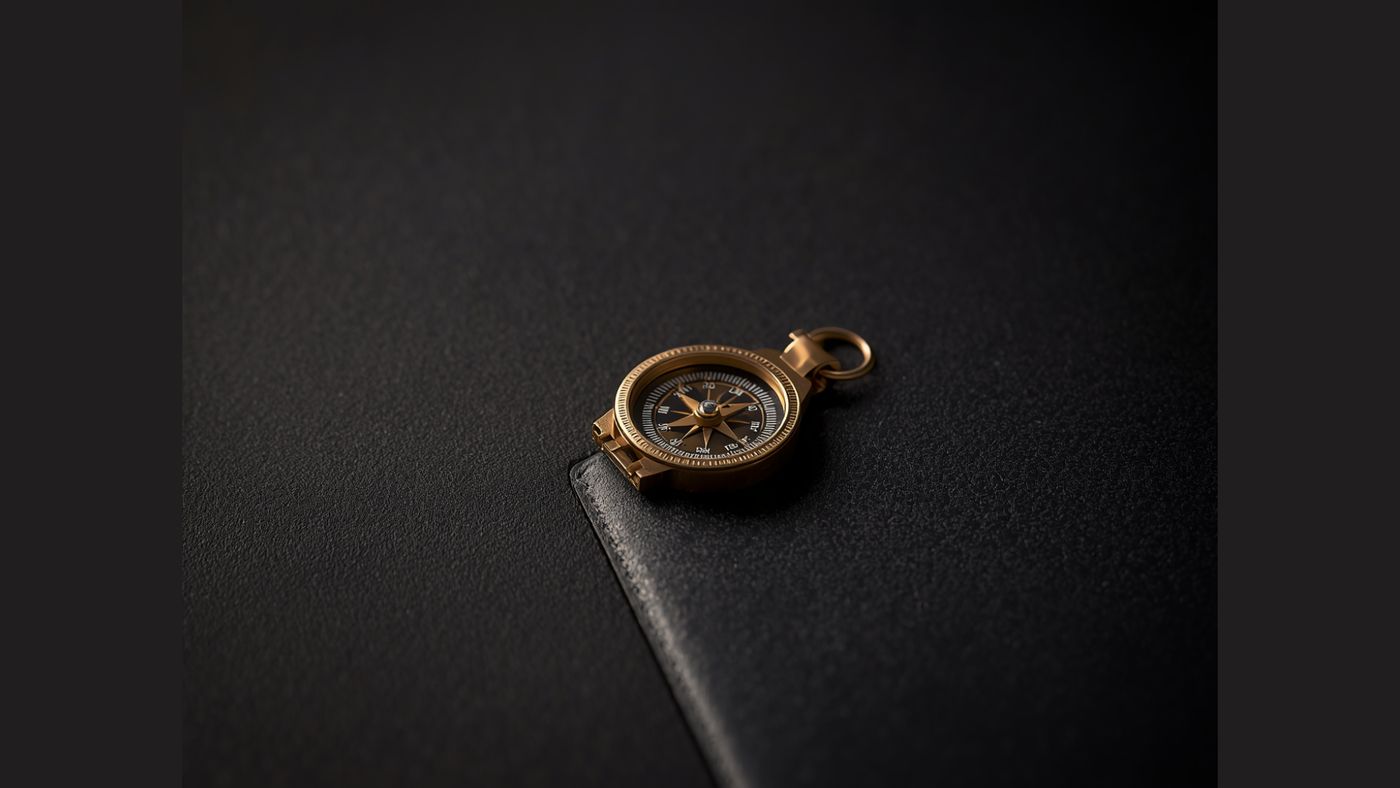 A gold compass resting on a leather travel case.