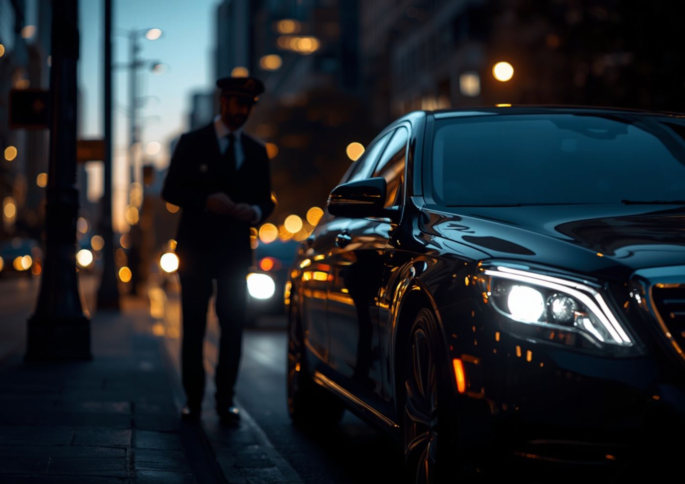 A chauffeur waiting beside a car on a city street at dusk.