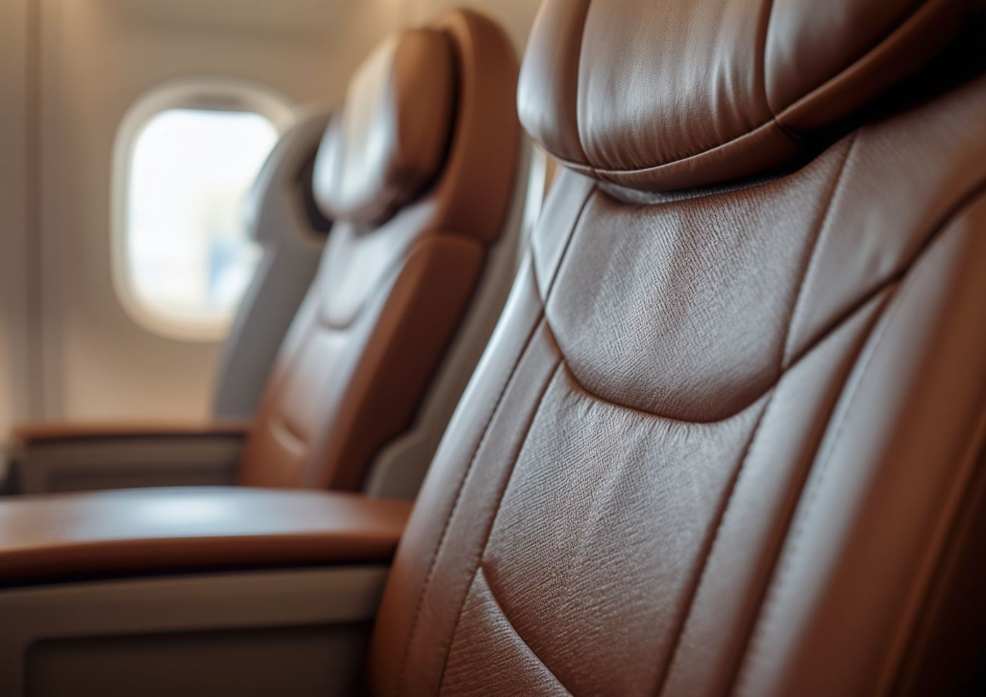 Leather airline seats beside a sunlit cabin window.