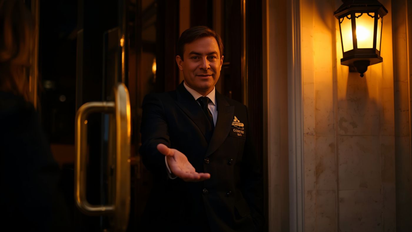 A hotel doorman extending a welcoming hand at the entrance.