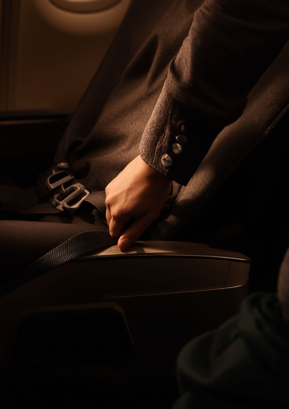 A hand fastening a seatbelt buckle beside an aisle armrest.