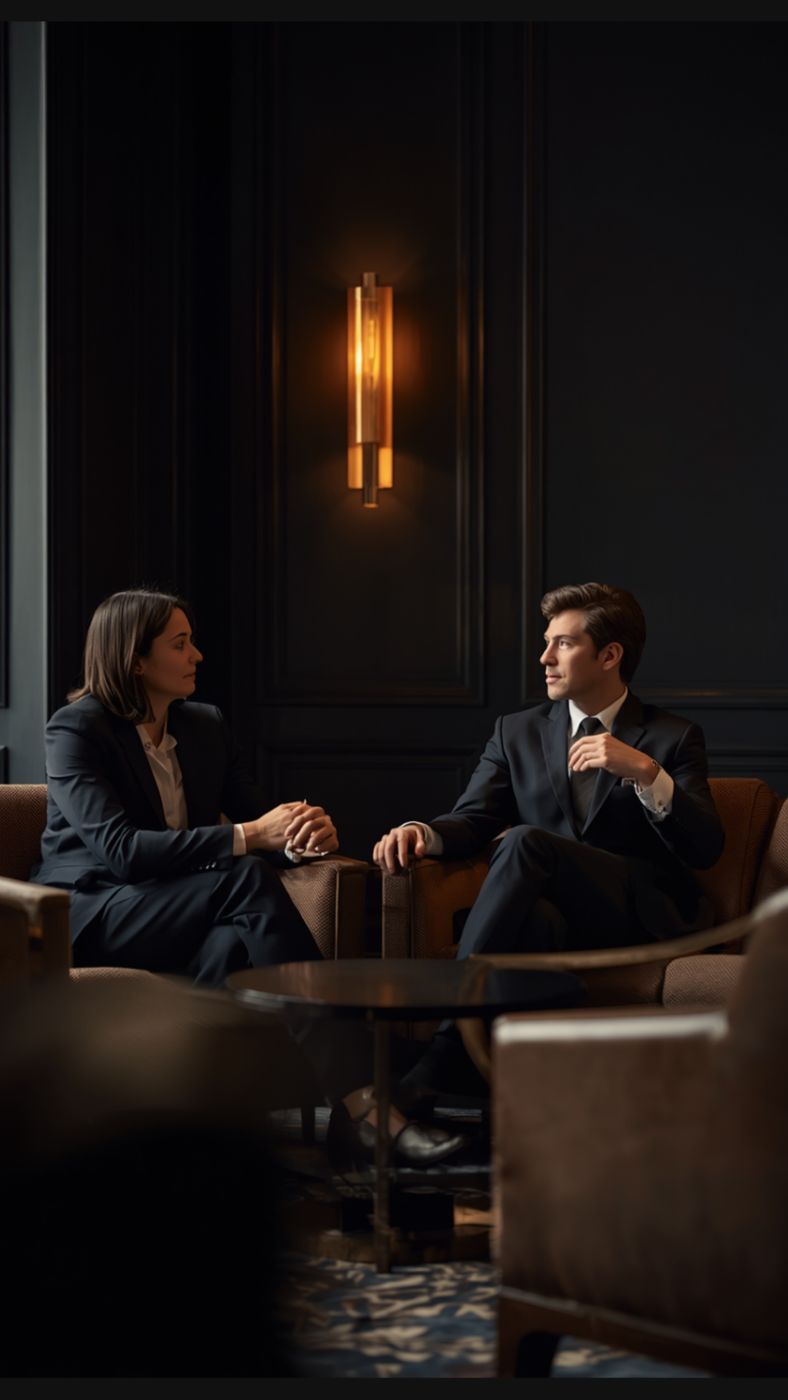 Two colleagues in conversation in a dimly lit lounge.
