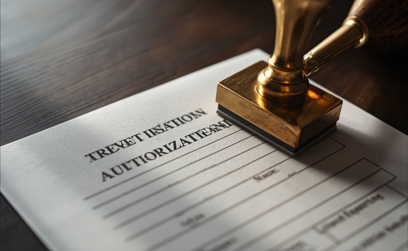 A gold stamp pressing an authorization seal onto a document.