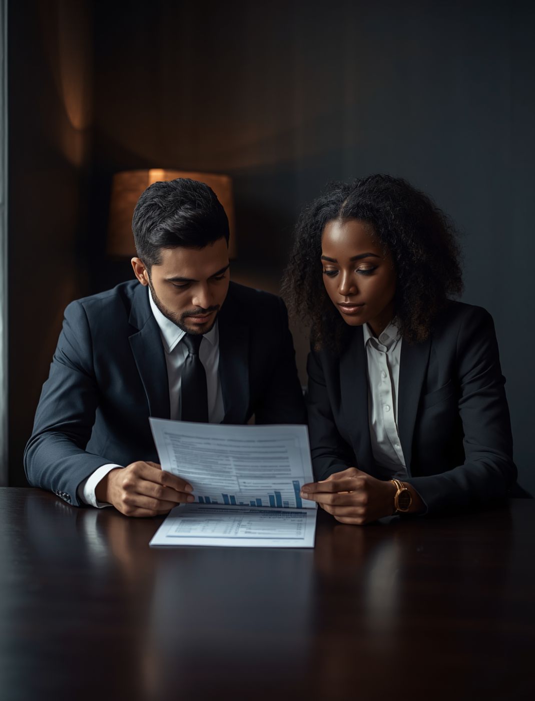 Two colleagues reviewing a report with a bar chart at a dark wood table.