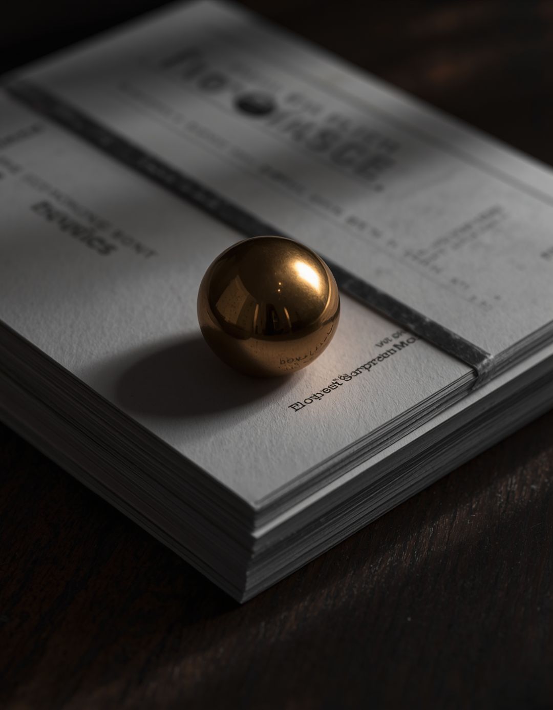 A gold sphere resting on a stack of documents.