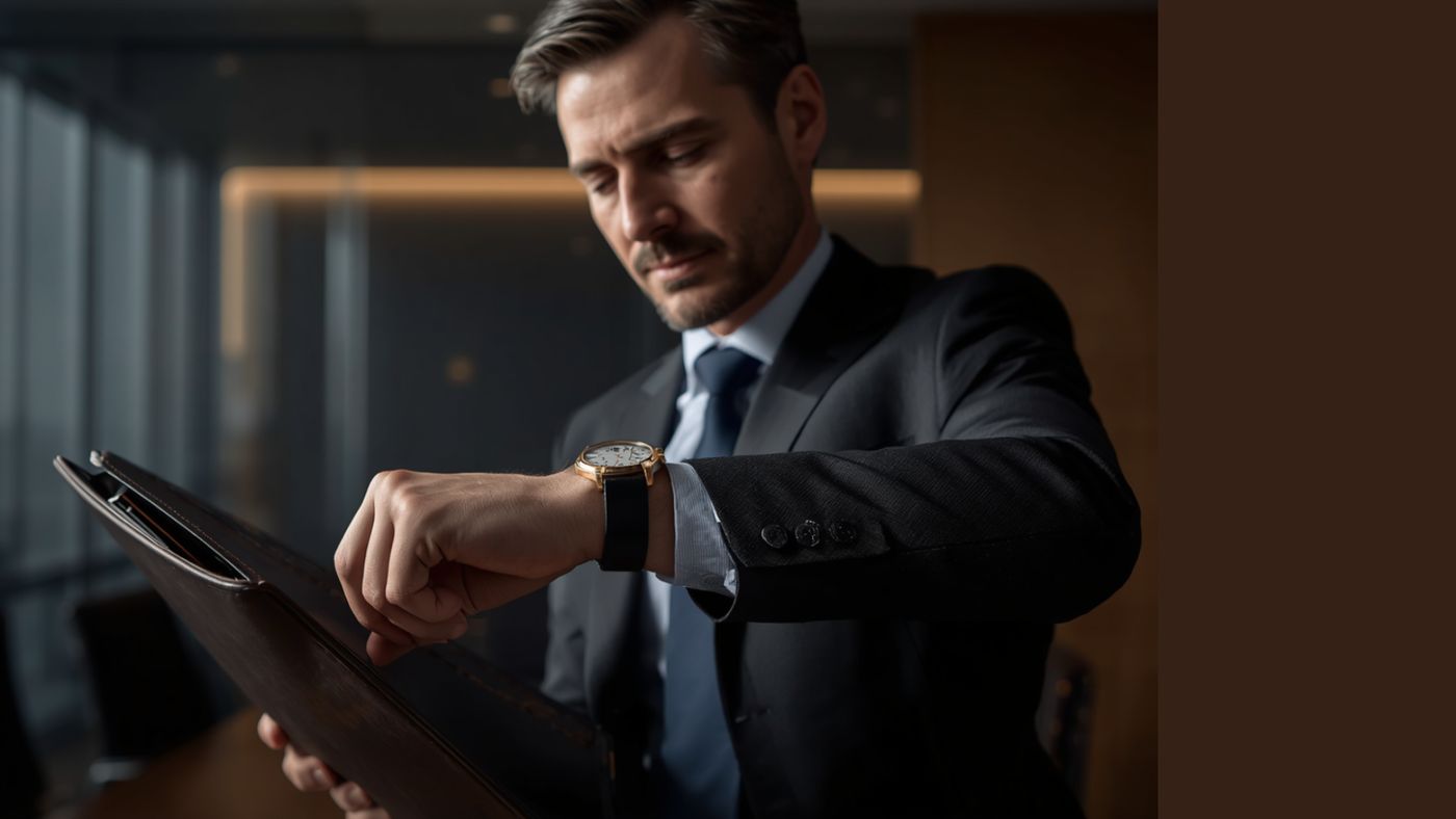 A businessman checking his watch beside an open leather portfolio.