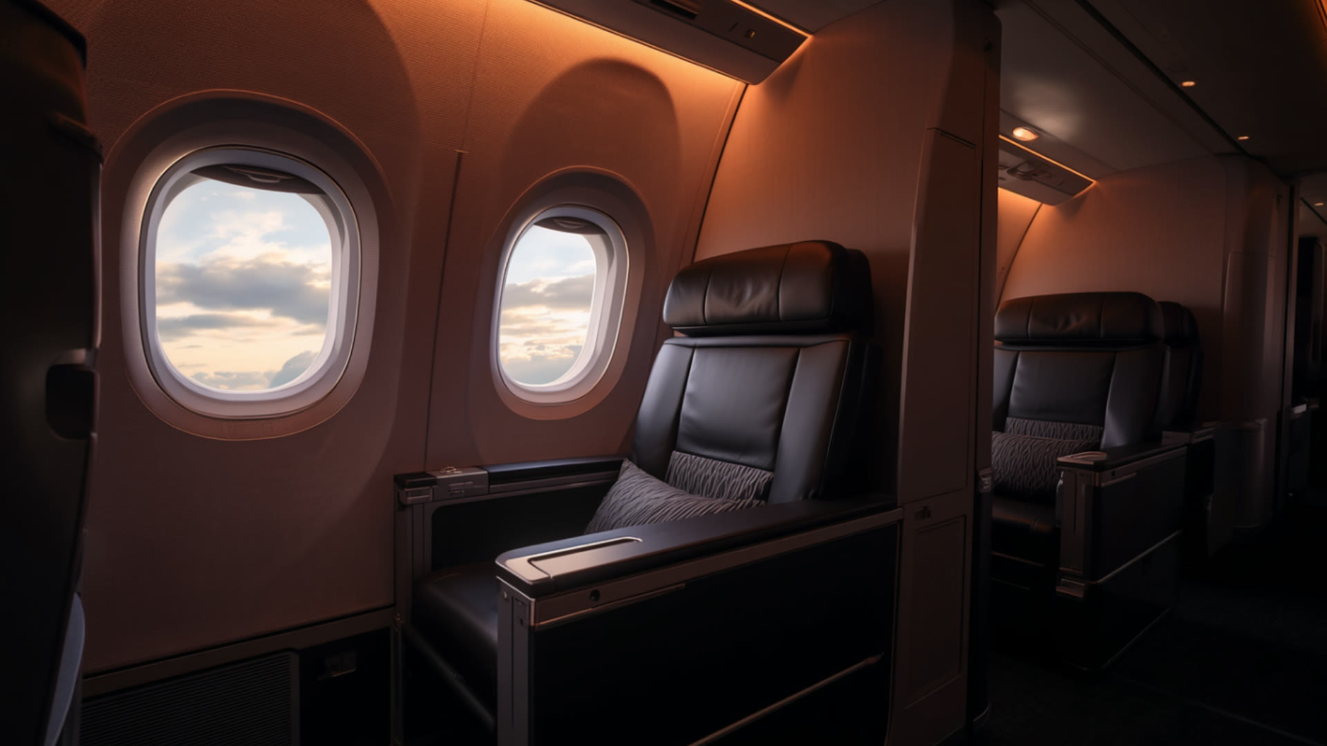 A premium airline cabin seat beside a window at dusk.