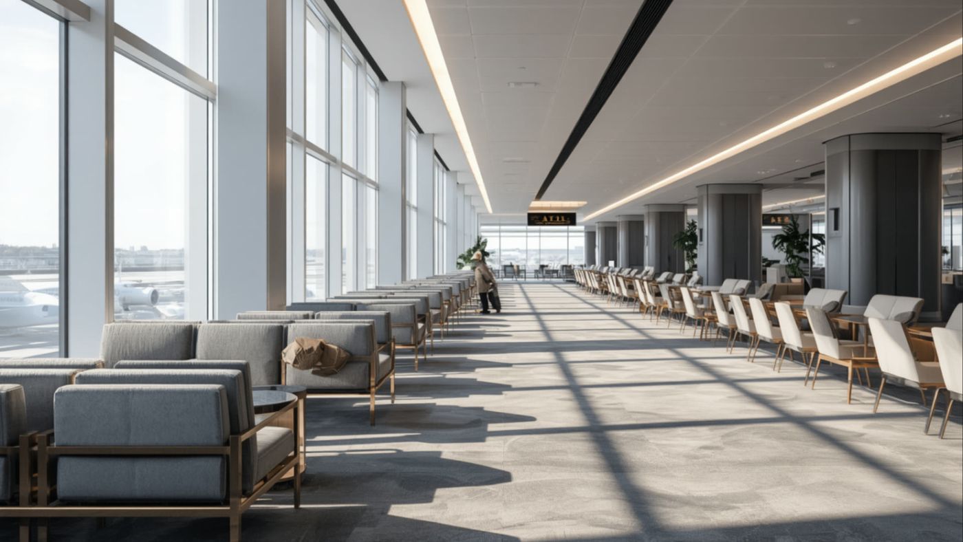 A sunlit airport departure lounge with rows of empty seating.