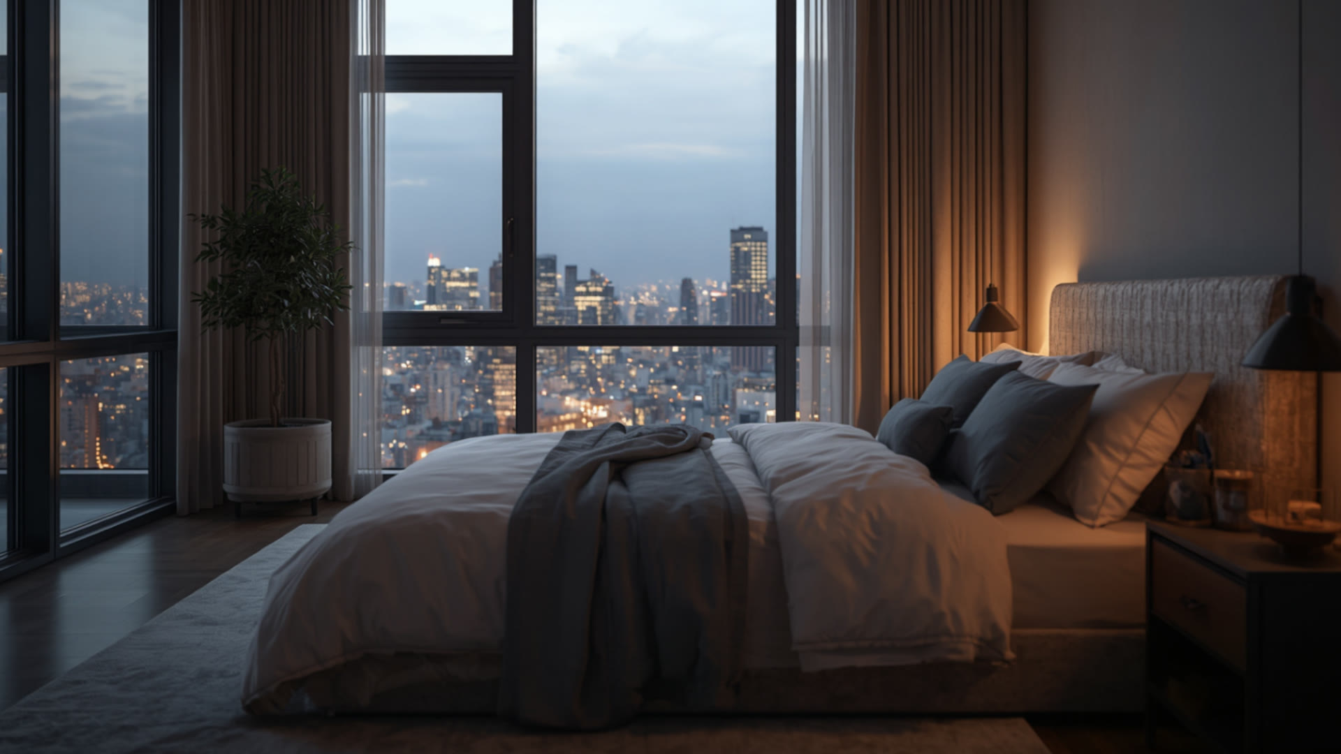 A hotel bedroom at dusk with floor-to-ceiling windows overlooking a city skyline.