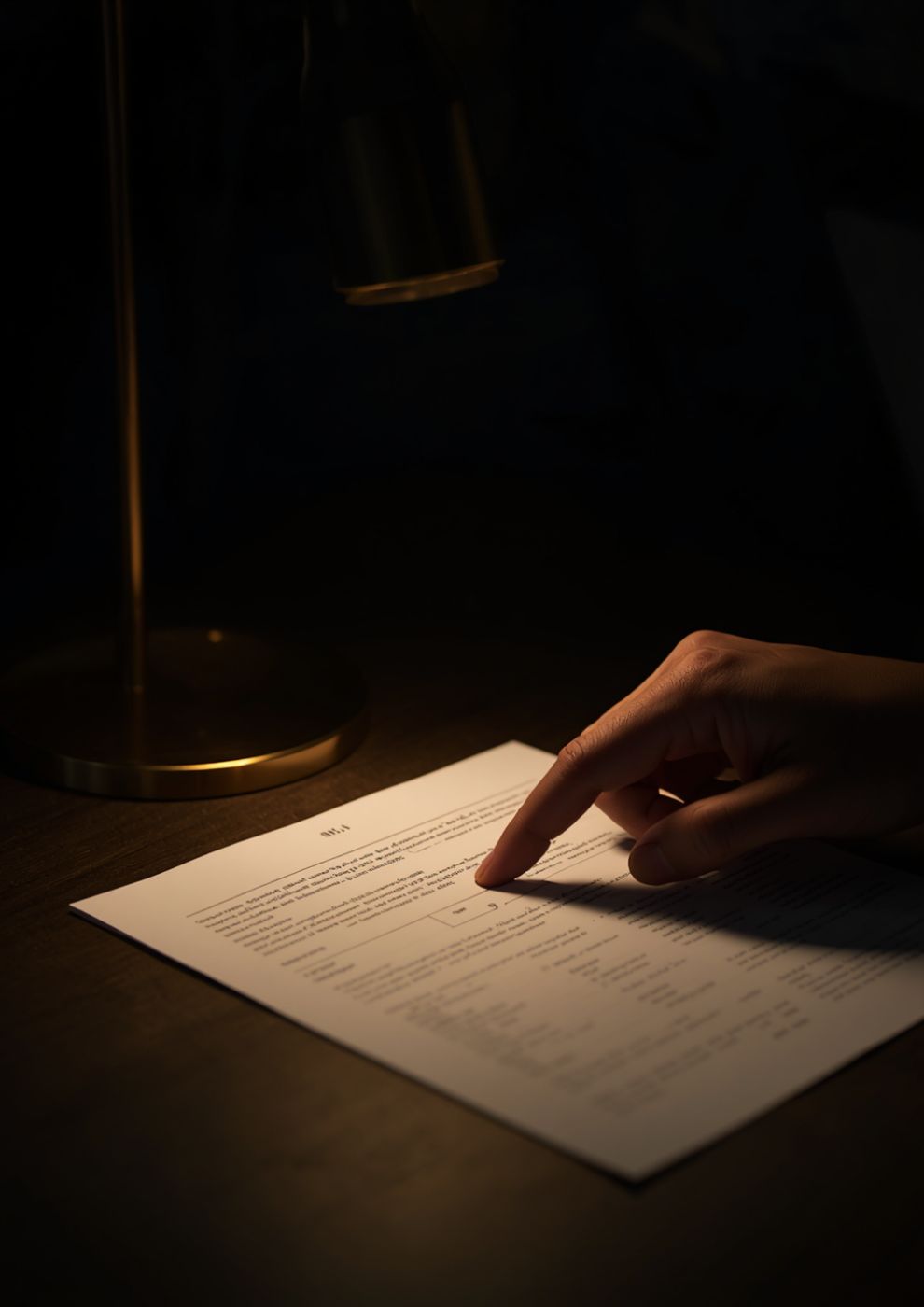 A hand reviewing a policy document under a desk lamp.