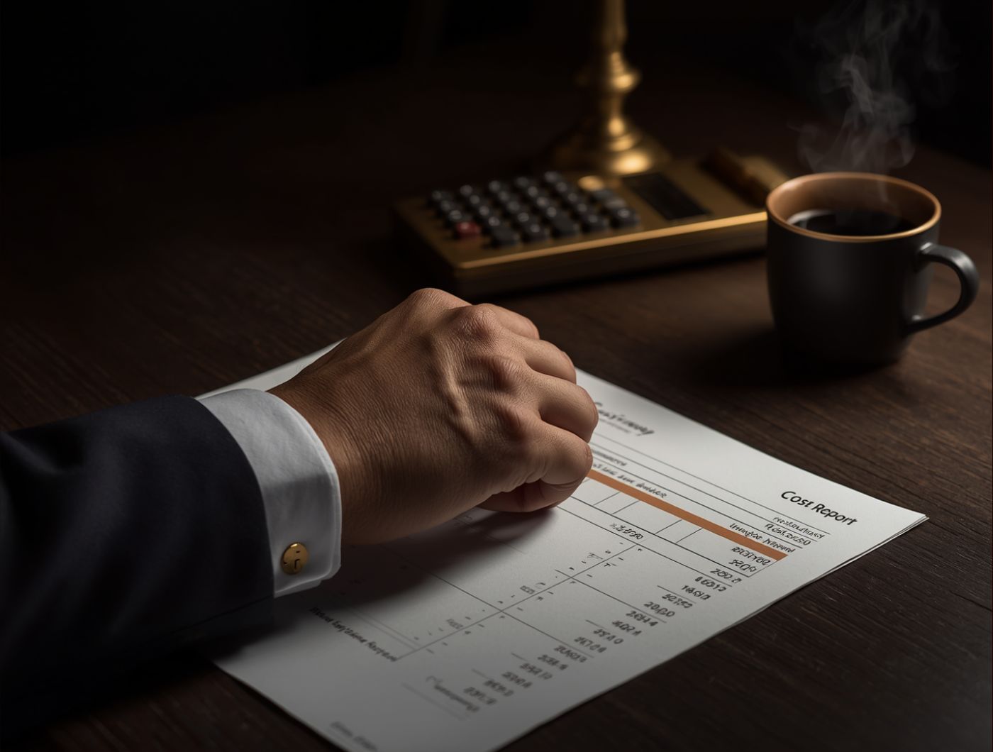 A hand reviewing a cost report beside a calculator and coffee.