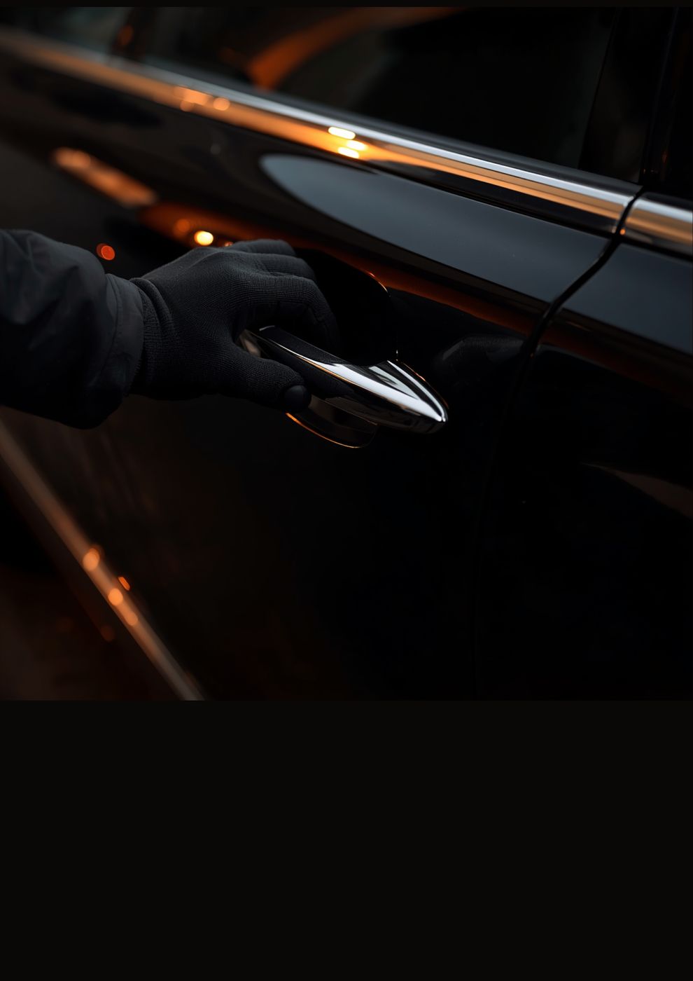 A gloved hand opening the door of a black luxury car at night.
