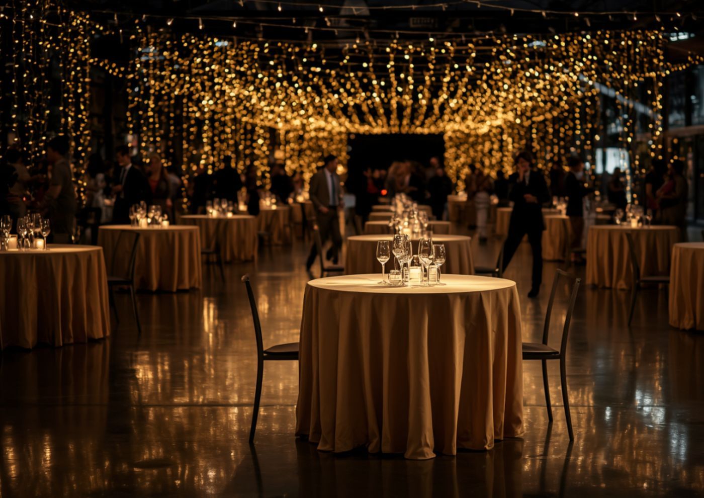 An elegant event dinner setup with string lights overhead.