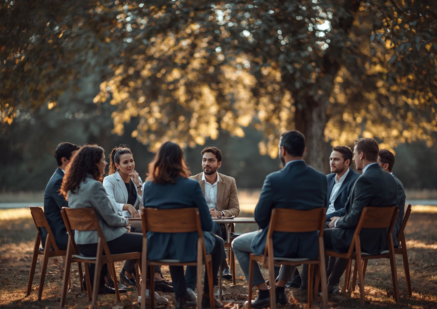 A team meeting outdoors around a table beneath sunlit trees.