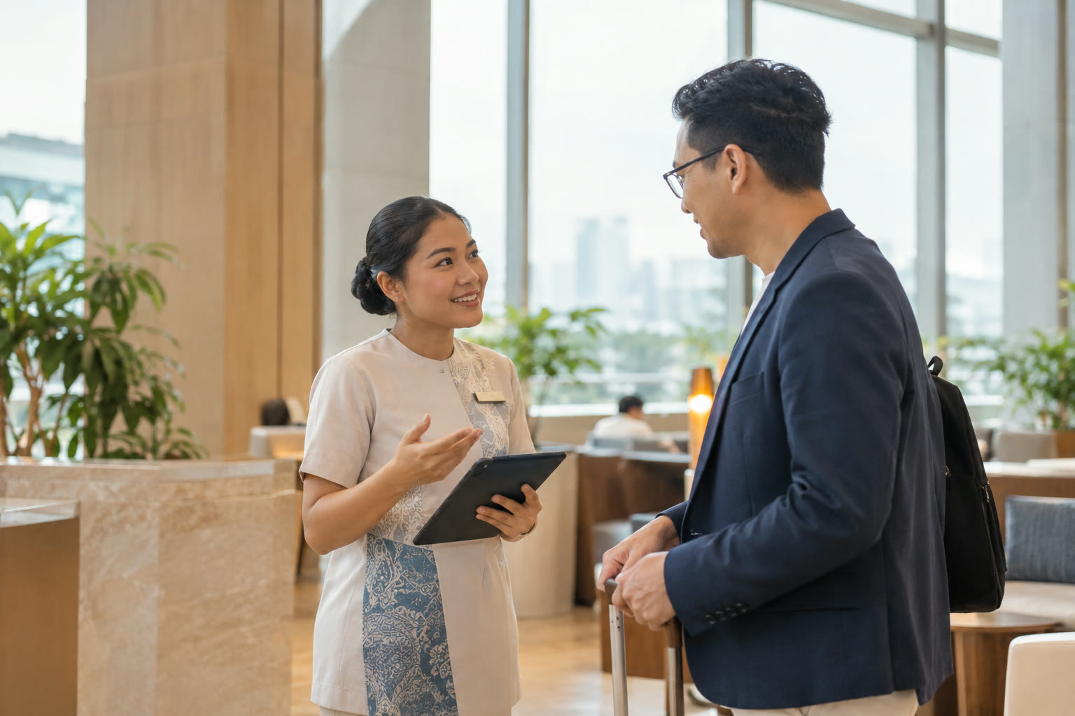 Staf hospitality membantu pelancong bisnis dengan tablet di lobi hotel.
