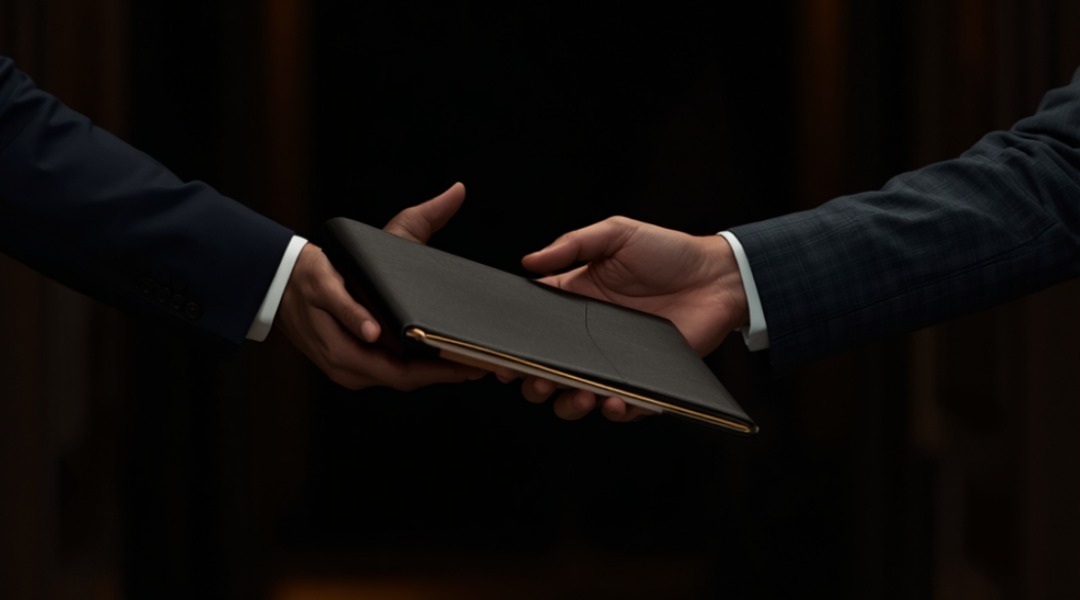 Two hands exchanging a leather portfolio in a dim, warmly lit hallway.