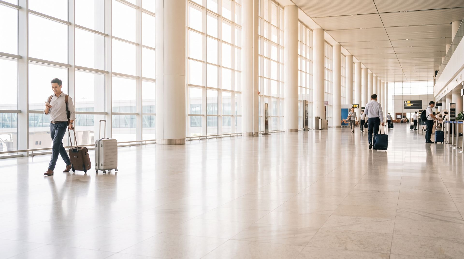 Pelancong bisnis berjalan melintasi terminal bandara yang modern dan terang, mendorong koper melewati papan tanda gerbang.