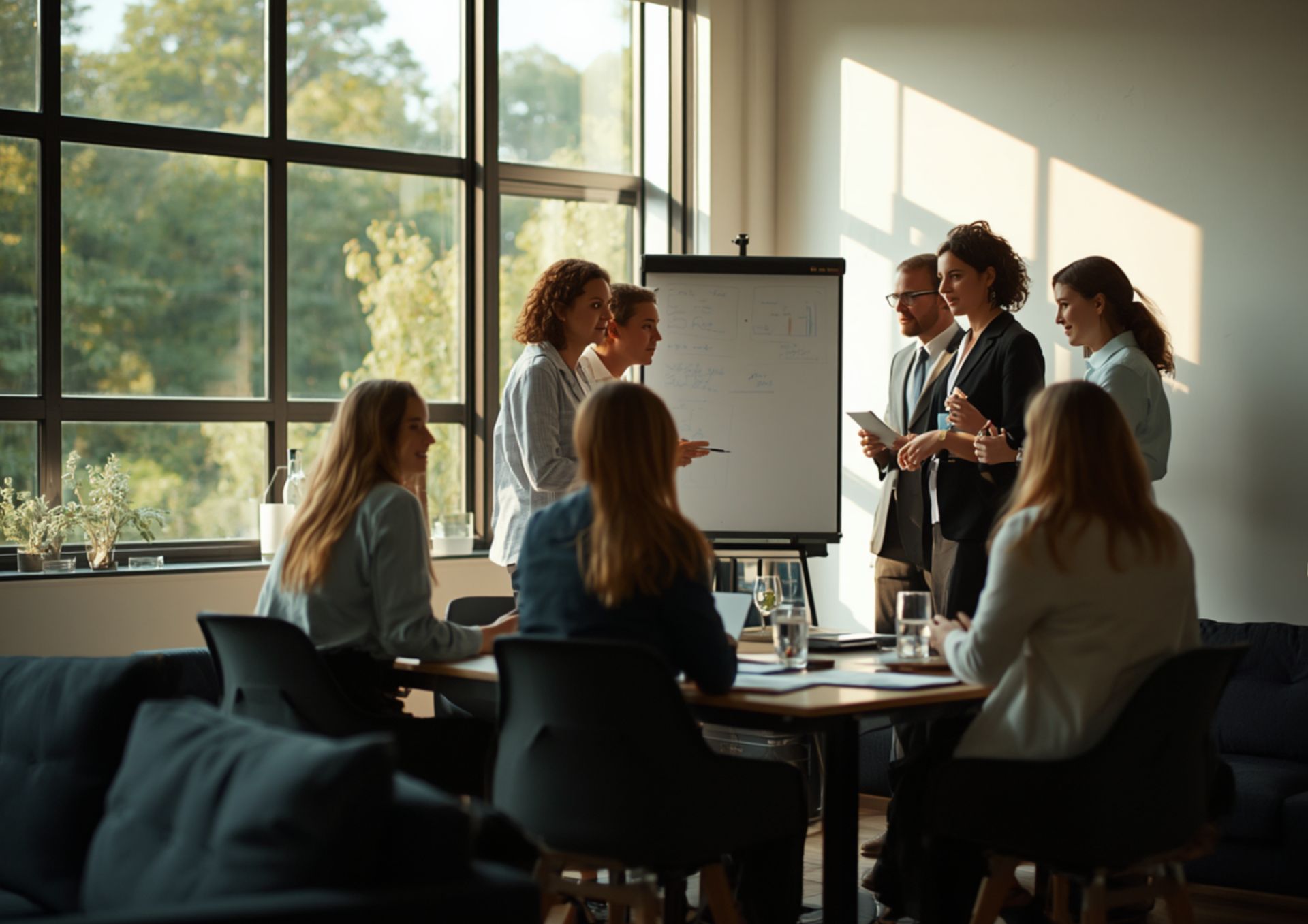 A team gathered around a whiteboard in a sunlit meeting room.