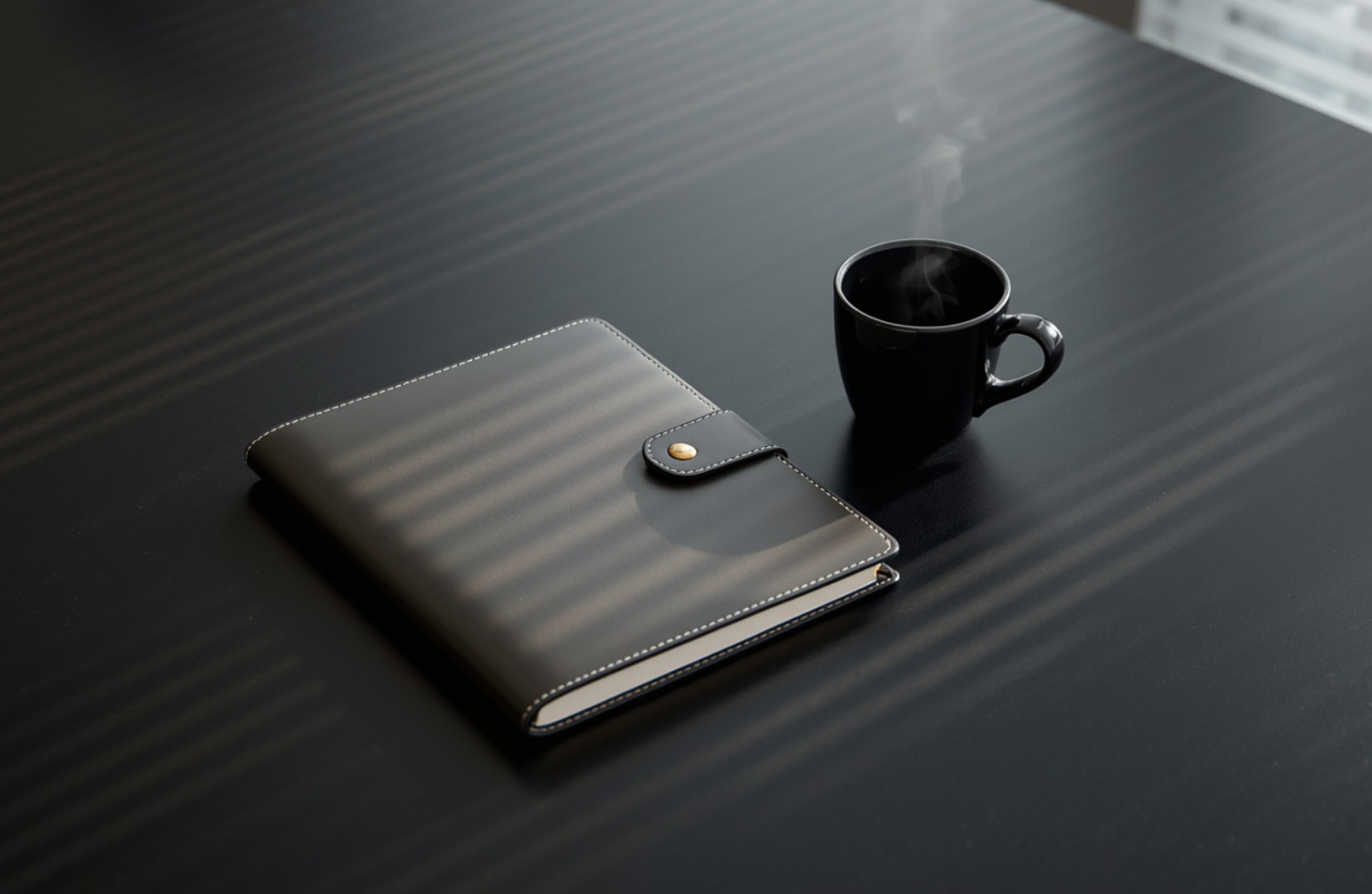 A leather notebook and a steaming cup of coffee on a dark desk.