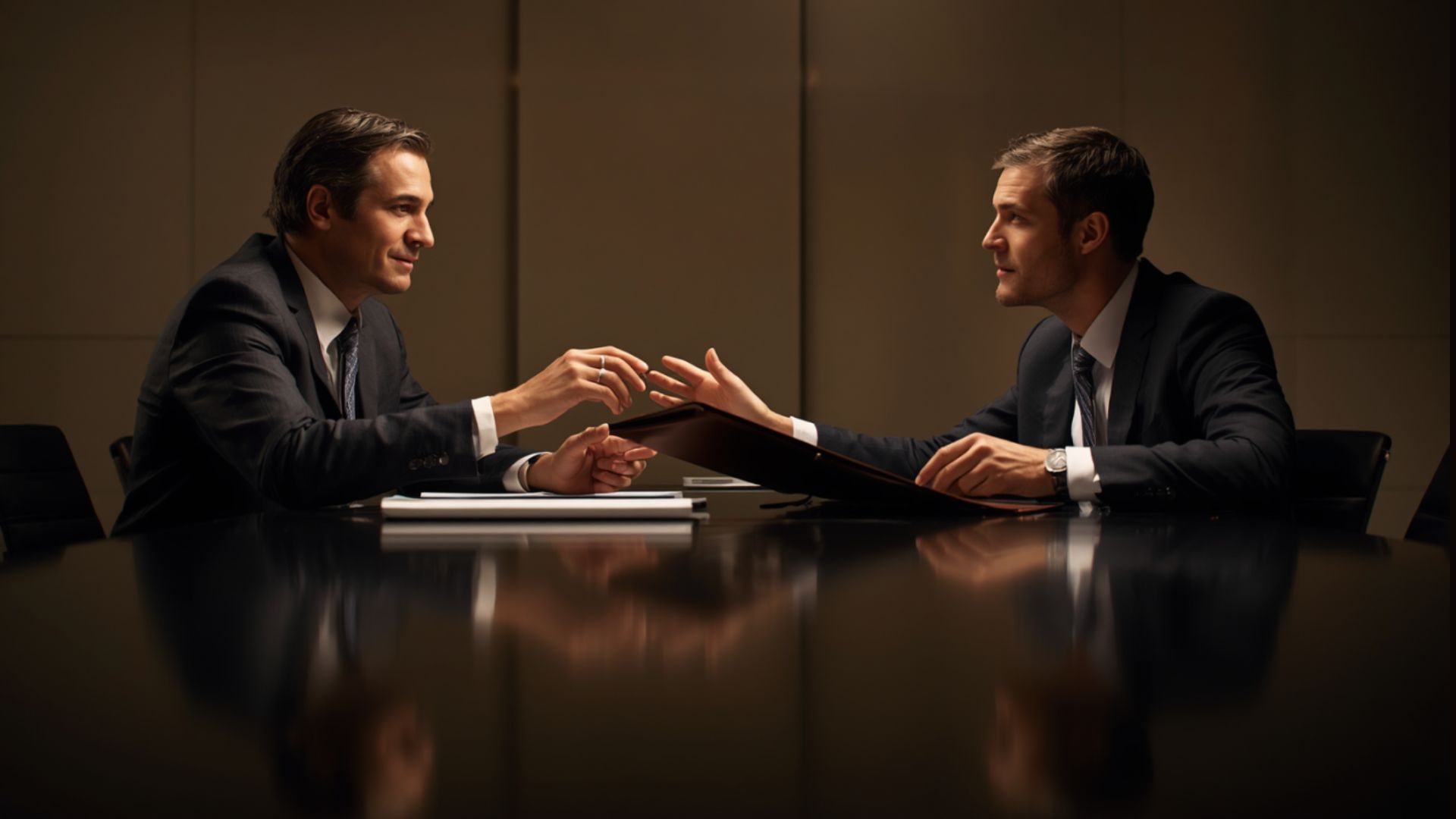 Two colleagues in a dim boardroom passing a folder across the table.
