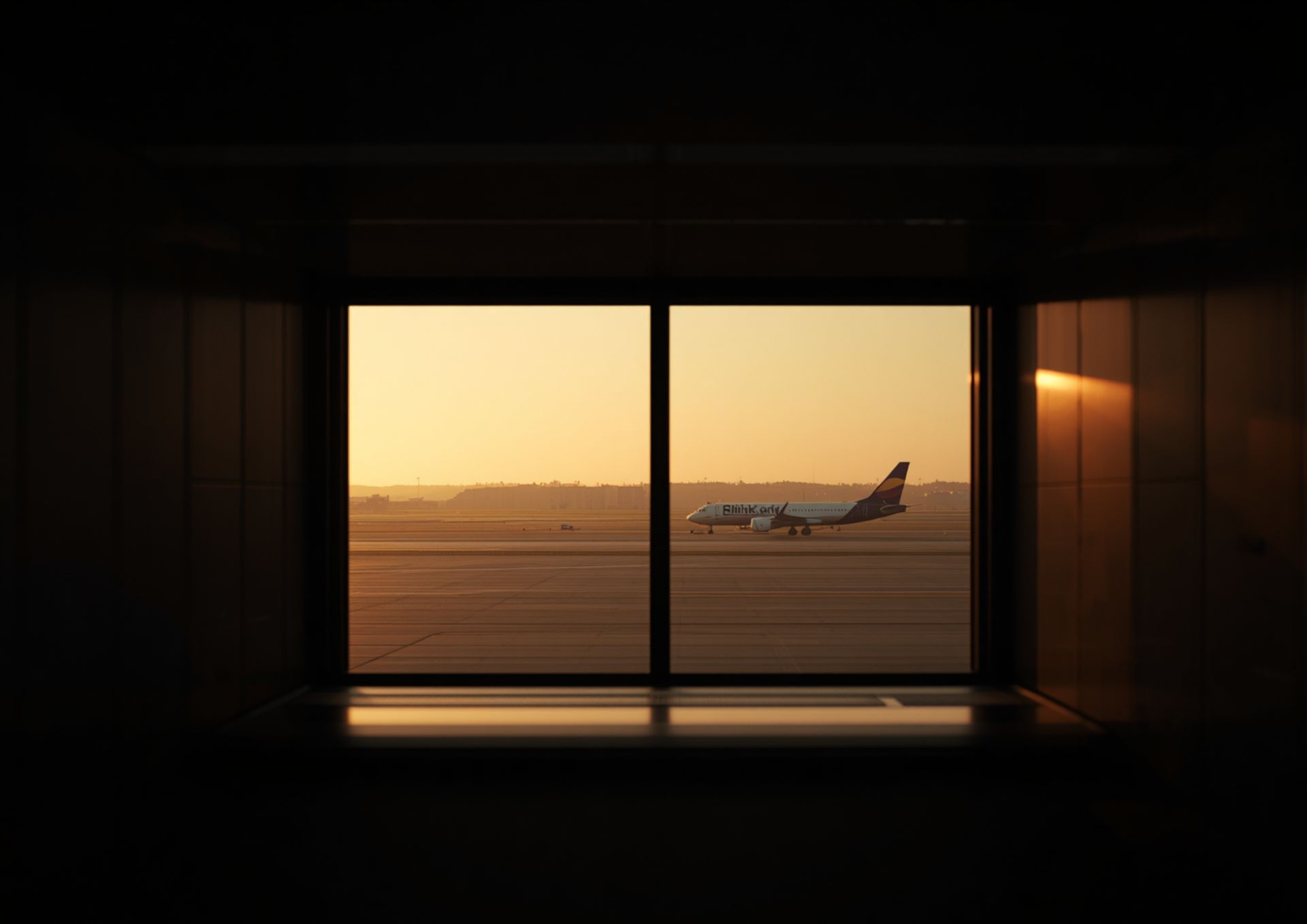 A Bliink-liveried aircraft on the tarmac at sunset, seen through a terminal window.
