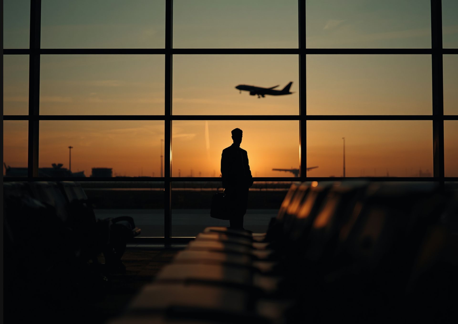 A traveller's silhouette watching a plane take off through an airport terminal window at sunset.