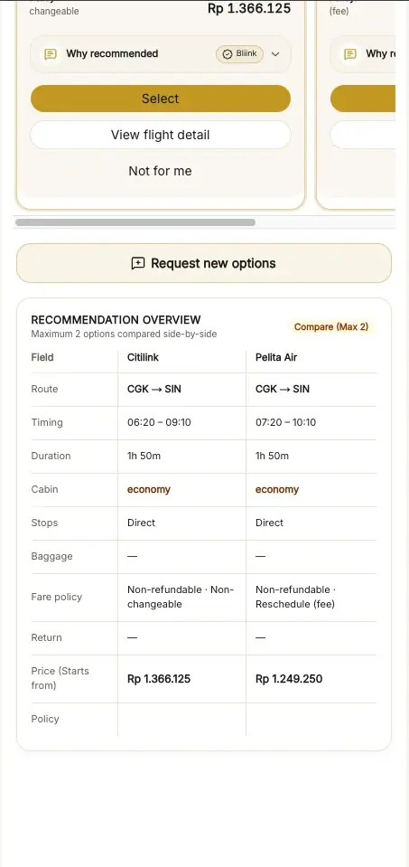 Bliink comparing two flight options side by side, with fares, timing and fare policy for each.