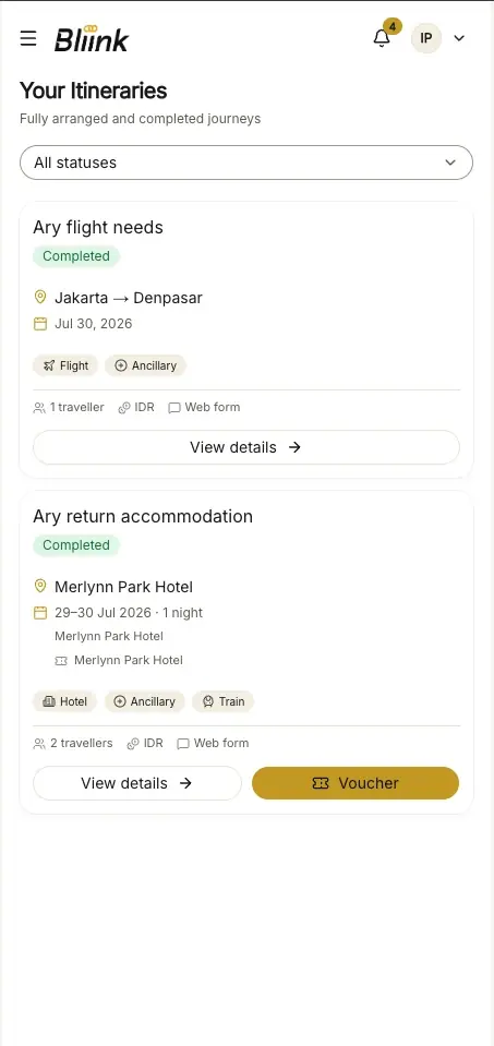 Bliink Hub's Your Itineraries screen on mobile, showing completed flight and hotel itineraries.