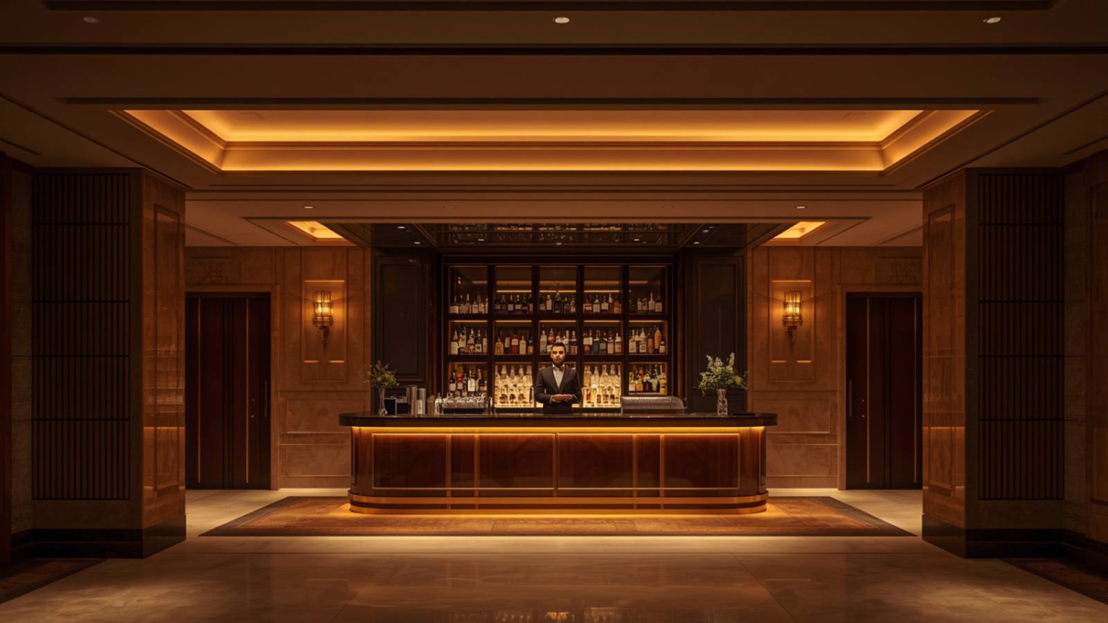 An elegant hotel lobby bar with a bartender standing at attention behind the counter.