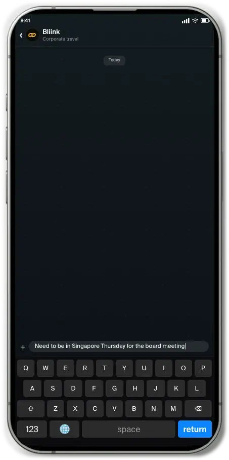 A message being typed on the Bliink phone demo's keyboard: Need to be in Singapore Thursday for the board meeting.