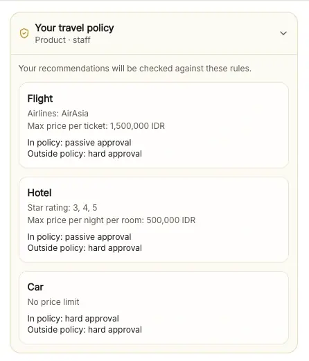 Bliink Hub's travel policy panel showing flight, hotel and car rules with in-policy and outside-policy approval settings.