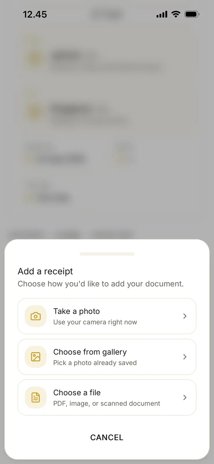 Bliink's Add a receipt sheet, letting a traveller take a photo, choose from gallery, or choose a file.