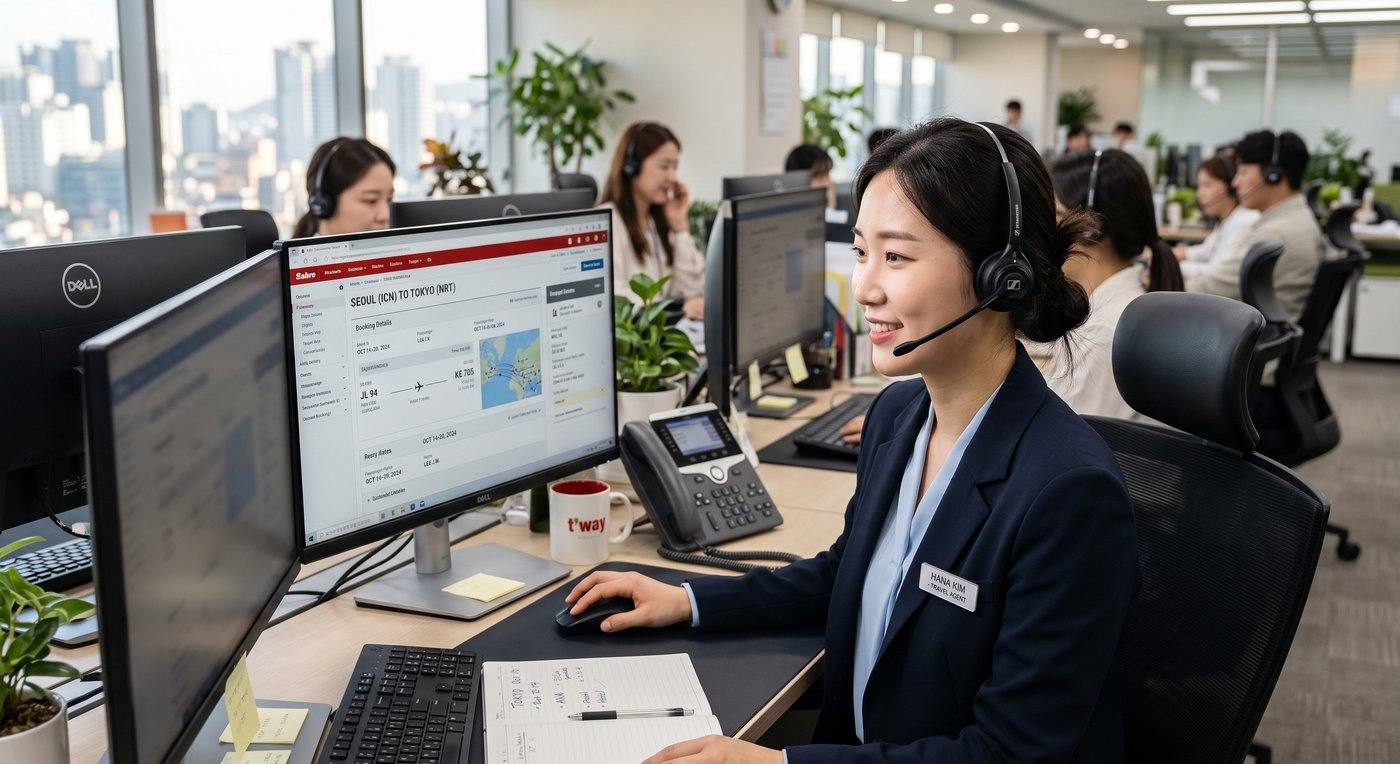A Bliink travel agent wearing a headset, helping a traveller with a booking at her desk.