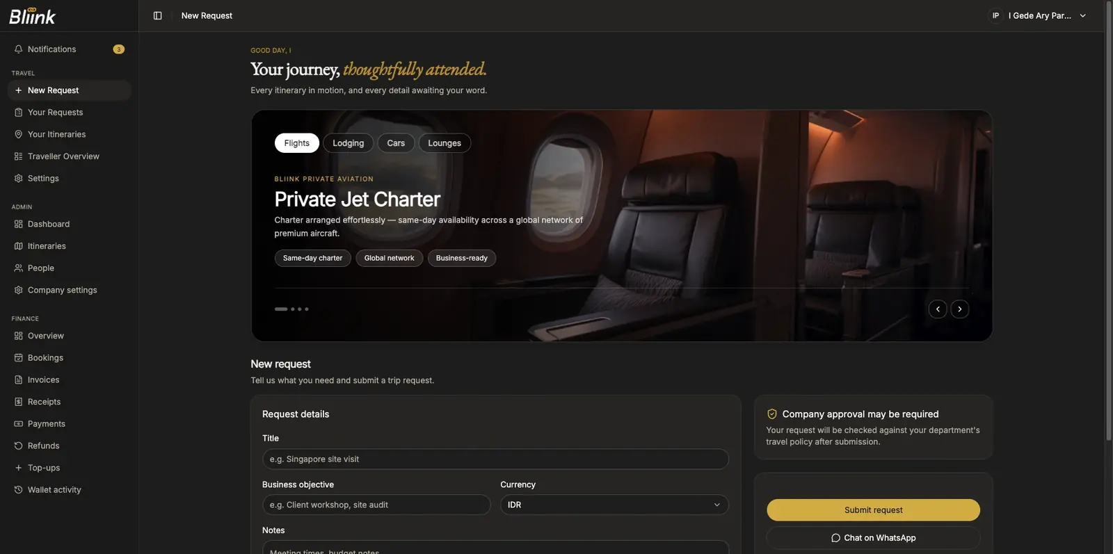 Bliink Hub dashboard showing a new travel request form beside a Private Jet Charter carousel.